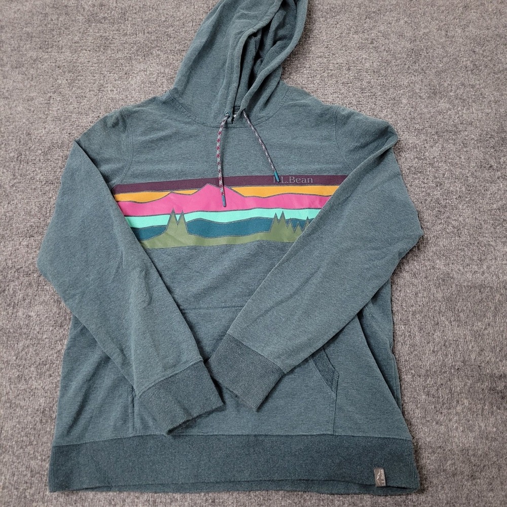 L.L. Bean Hoodie Womens Size L Teal Green Mountain Graphic Stretch Pullover
